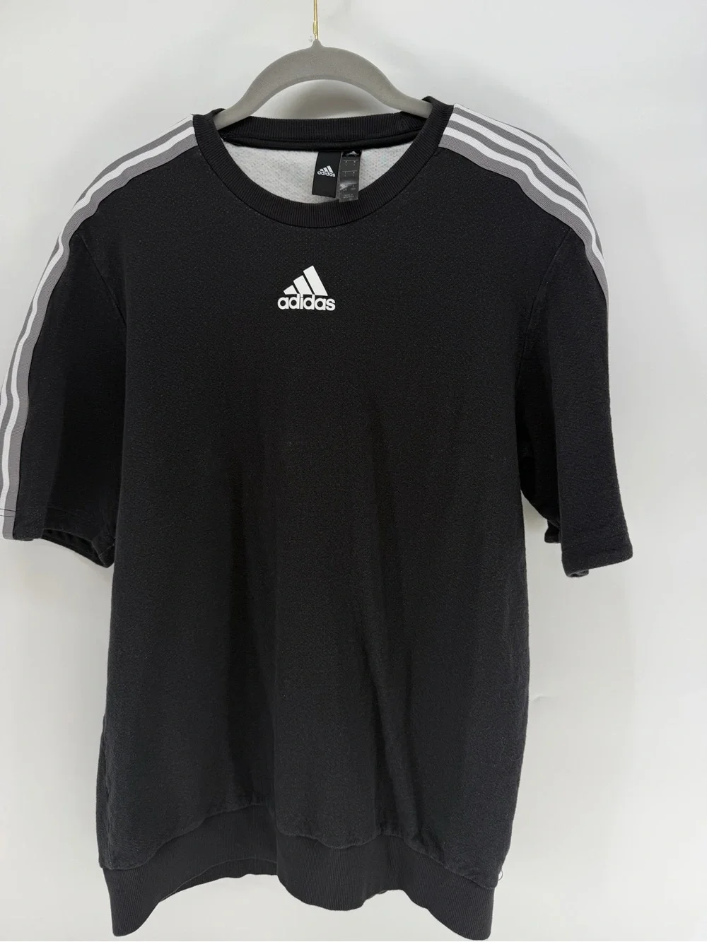 adidas Men’s Black Short Sleeve Sweatshirt with White Shoulder Stripes and Logo